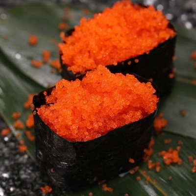 Des Kapelan-Fisch-Rogensushifliegenden fisches Masago Tobiko Rogen gefrorener Kapelan